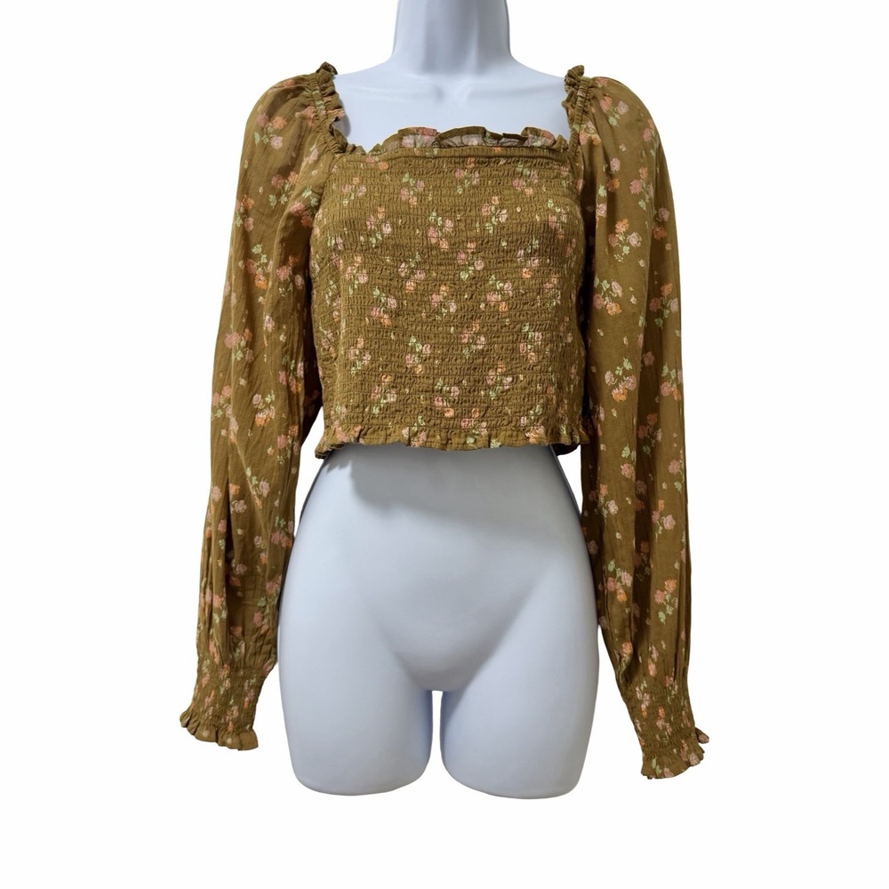Aerie Womens Floral Puff Sleeve Square Neck Smocked Cropped Top Size S Cottage